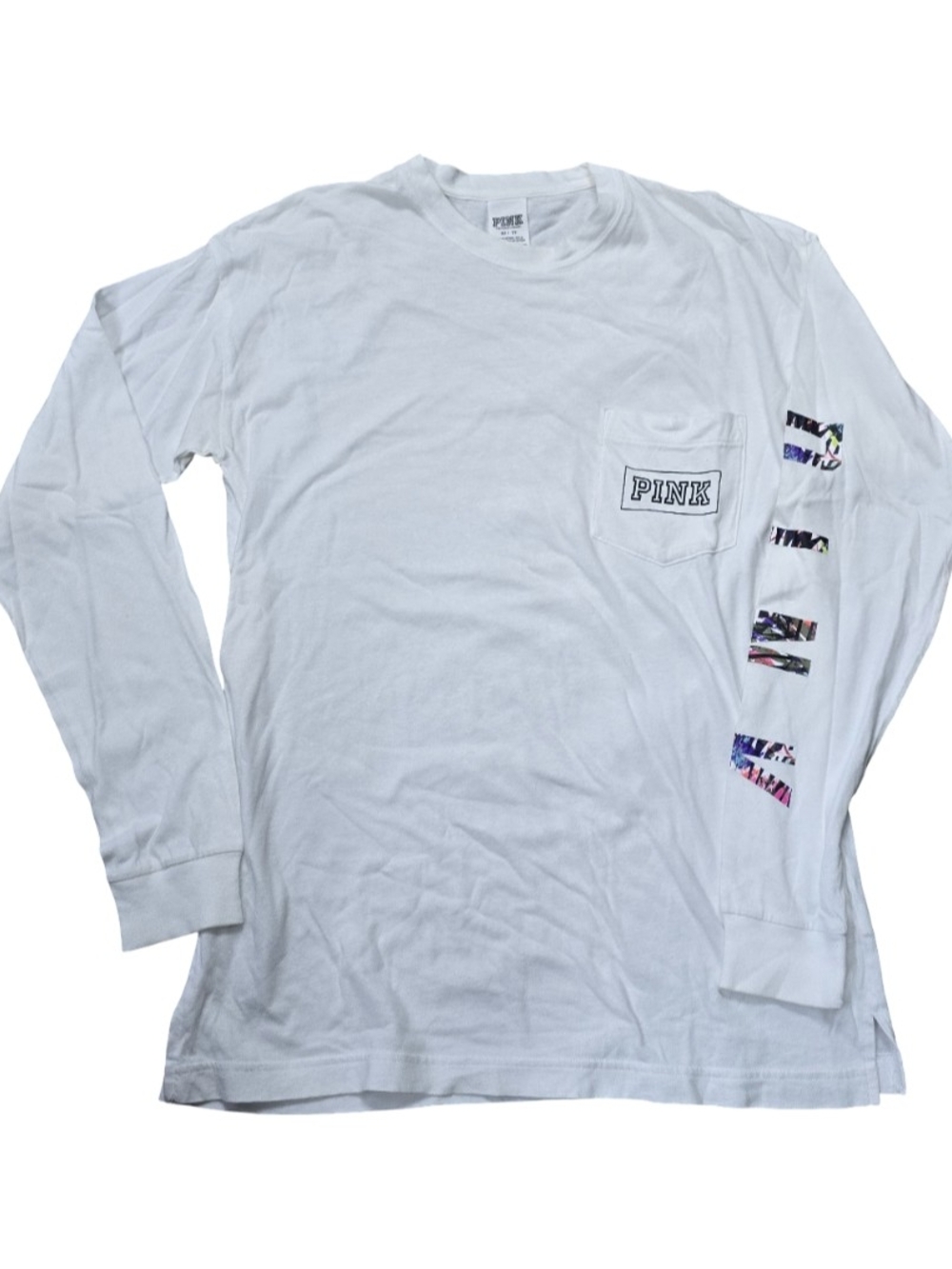 PINK Victoria’s Secret Long Sleeve Graphic T-Shirt Womens XS White Cotton Pocket
